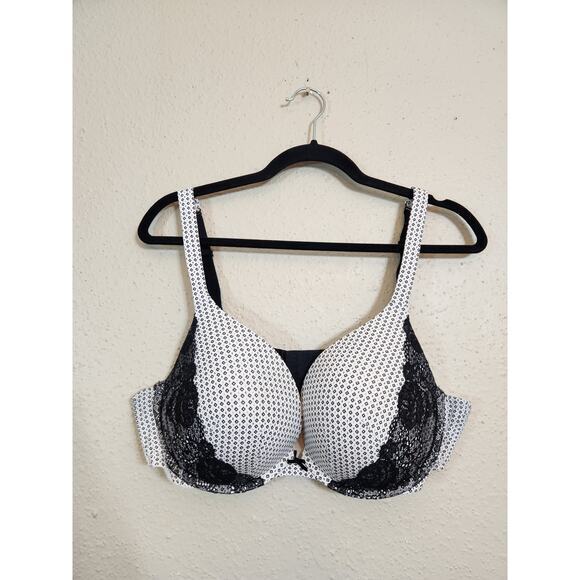 Cacique White & Black Lace Floral Diamond Print Smooth Boost Plunge Bra Size 42C - Picture 1 of 5